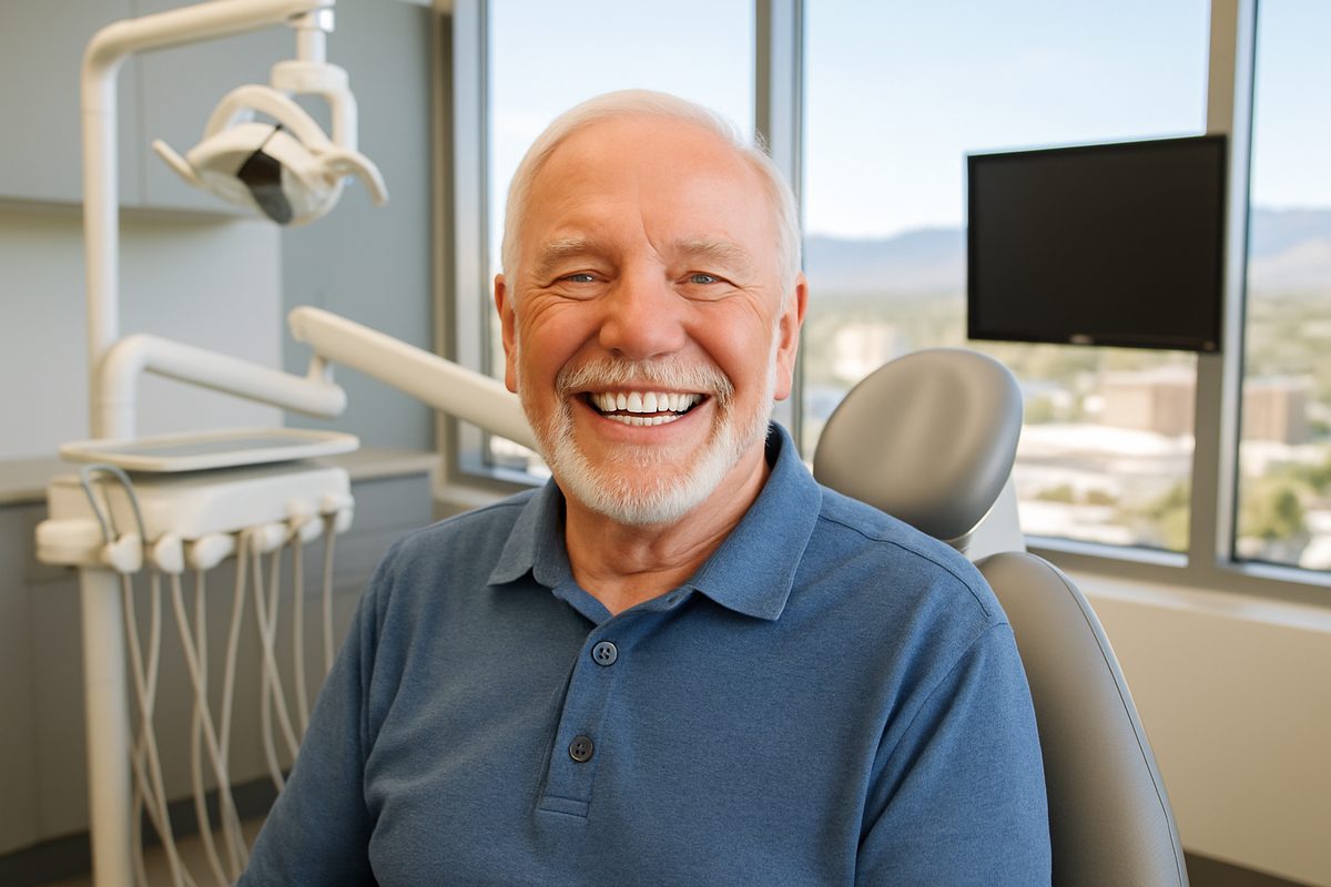 An image of a smiling senior male, happy with his new dental implants. The man is sitting in a modern dental office near Reno, Nevada. No text on image.