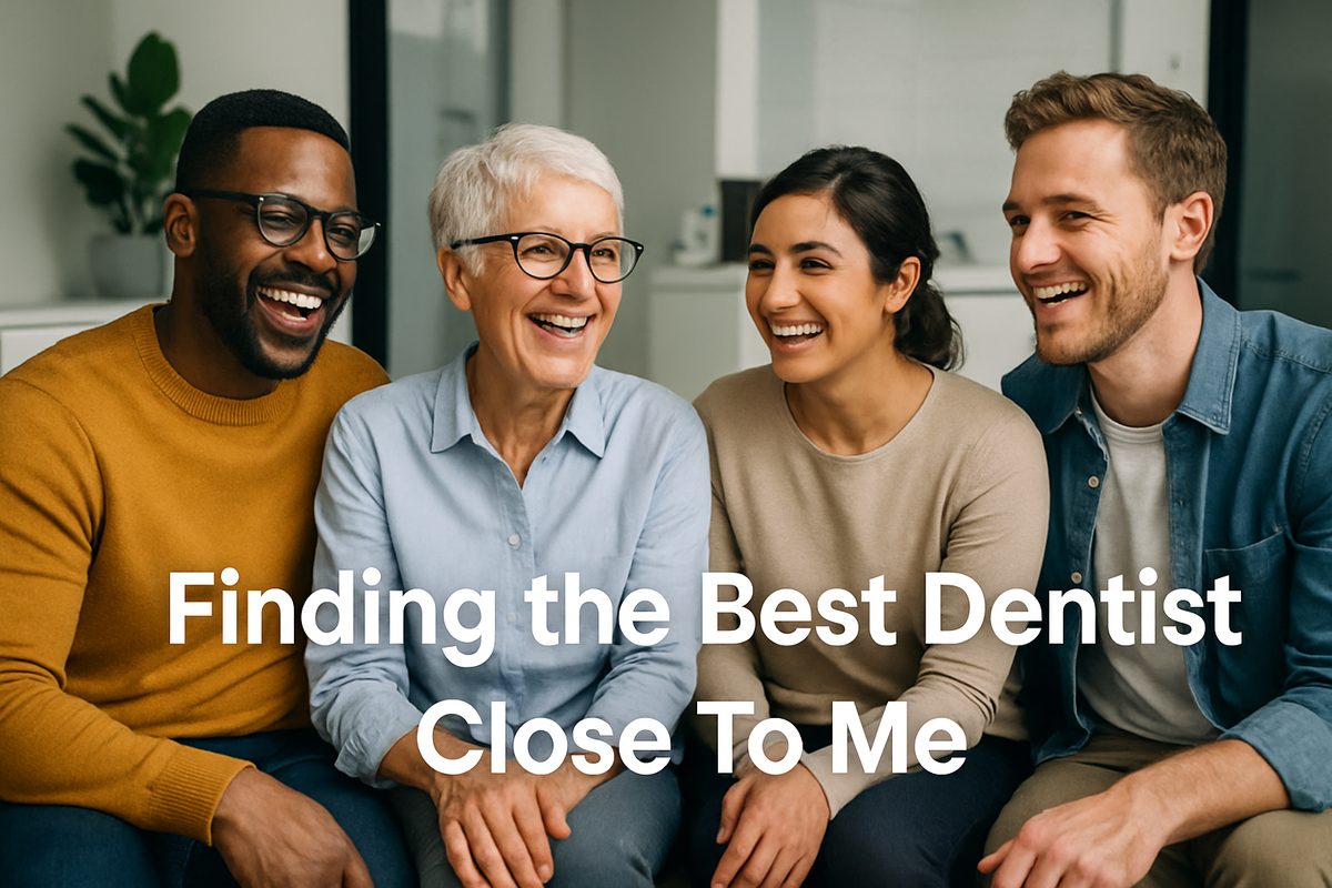A friendly, diverse group of people are smiling and laughing in a modern dental office waiting room, with the text "Finding the Best Dentist Close To Me" overlaid.
