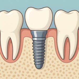 Photo of a dentist explaining different tooth replacement options (dental implant, bridge, and dentures) to a patient, using models or digital images. No text on the image.