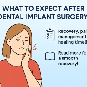 A person resting in bed, with an ice pack on their cheek, after dental implant surgery. Soft foods such as yogurt, smoothies and mashed potatoes are on the bedside table. No text on the image.