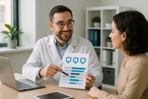 A friendly dentist is explaining dental insurance coverage options to a patient in a modern office. The dentist is pointing to a visual aid, possibly a chart or brochure, that breaks down different types of dental plans. No text.