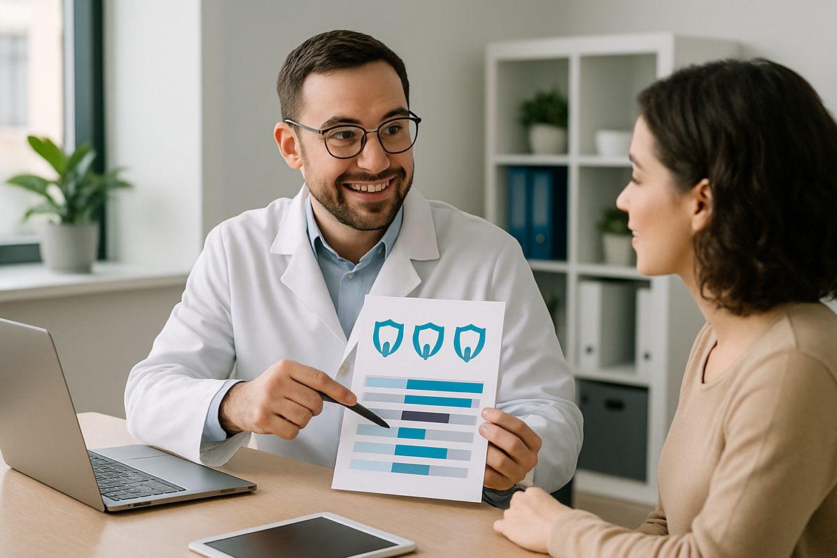 A friendly dentist is explaining dental insurance coverage options to a patient in a modern office. The dentist is pointing to a visual aid, possibly a chart or brochure, that breaks down different types of dental plans. No text.