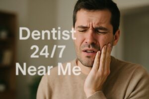 Worried patient with a painful toothache holding their cheek, with blurred text overlay "Dentist 24/7 Near Me".