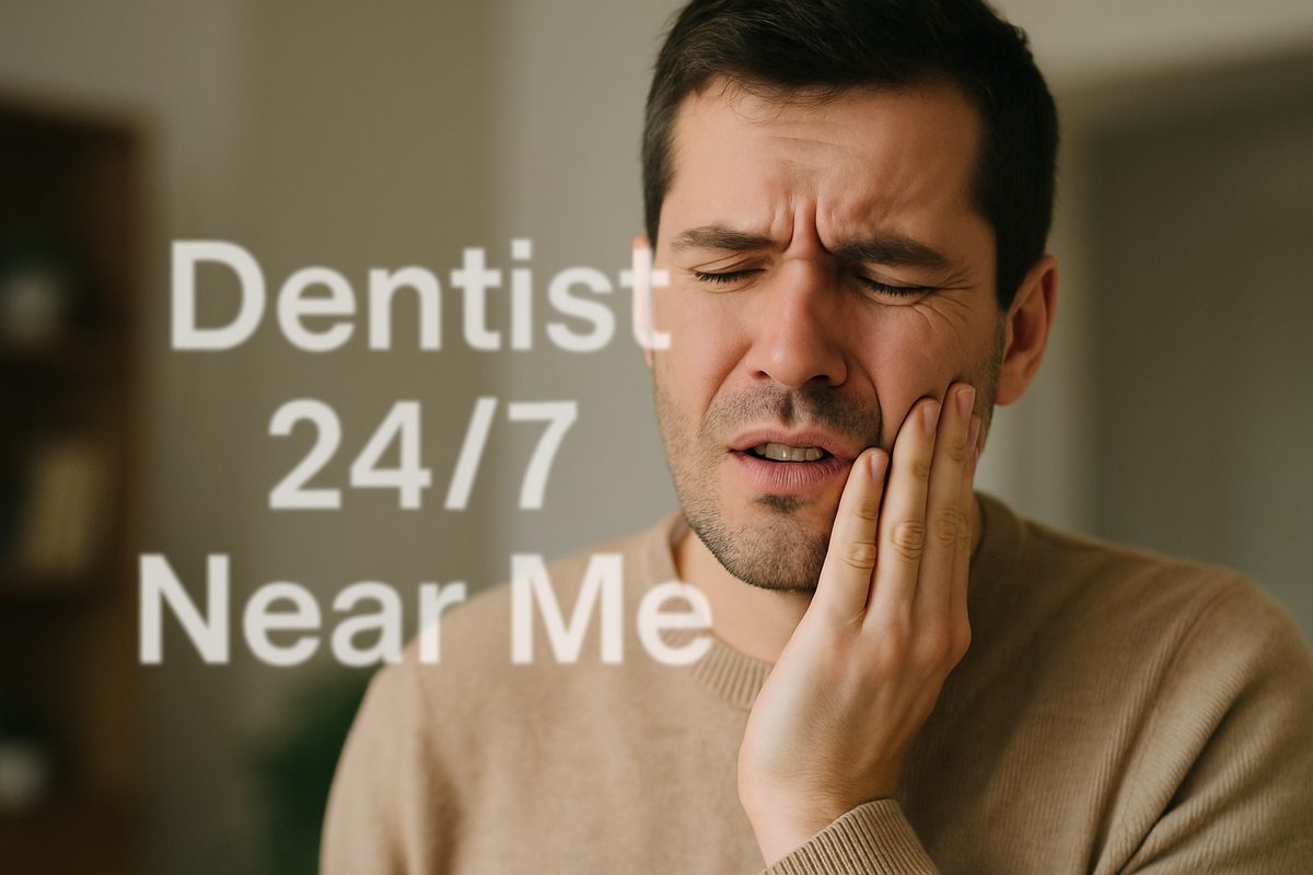 Worried patient with a painful toothache holding their cheek, with blurred text overlay "Dentist 24/7 Near Me".