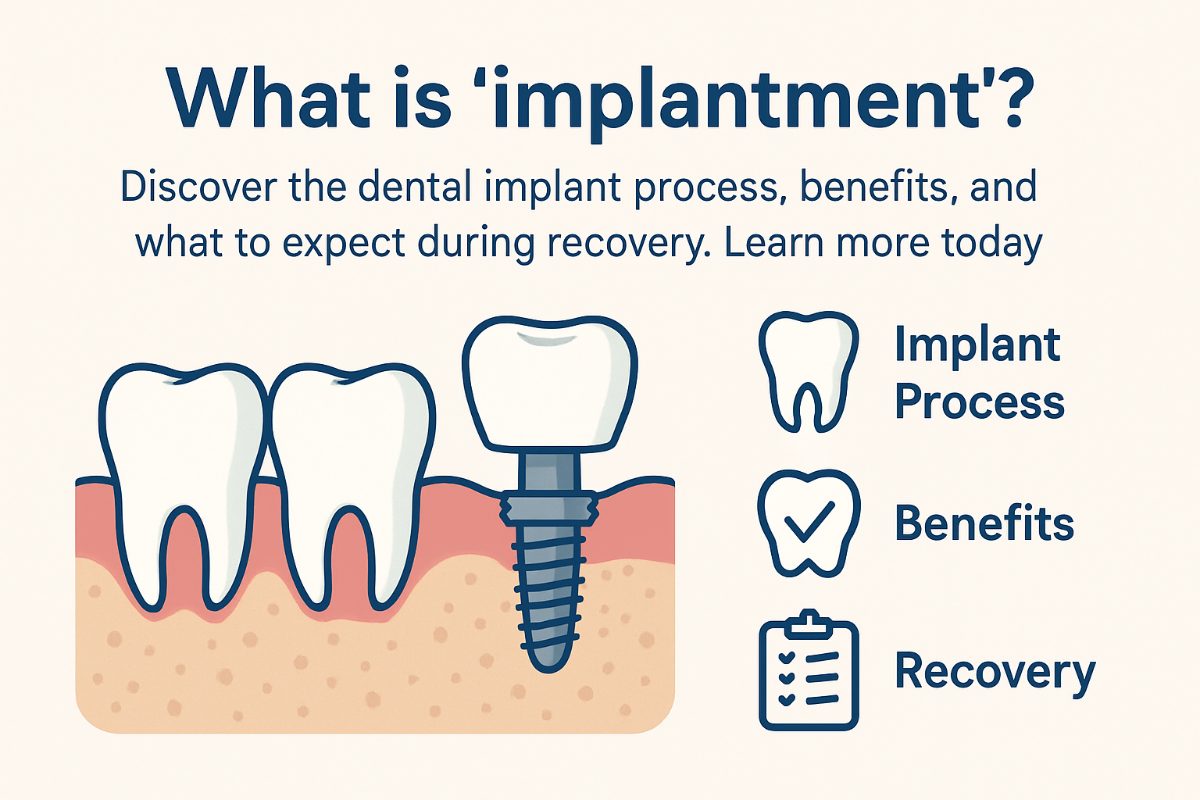 Image of a dentist smiling and pointing to a digital x-ray showcasing a dental implant integrated into a patient's jawbone. The text on the image says "Implantment: The Dental Implant Process"