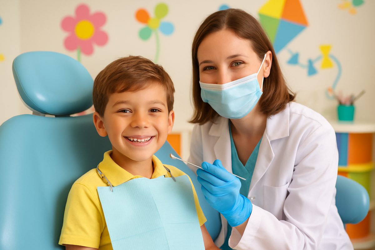 A smiling child sits in a dental chair during a routine checkup, with a friendly pediatric dentist. The background is a bright, welcoming dental office with colorful decorations. No text on image.