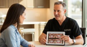 Patient and dentist discussing cosmetic dentistry options.