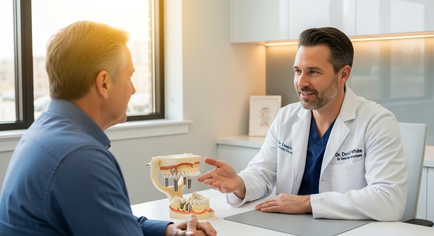 Dr. David White consulting with a patient in a modern dental office